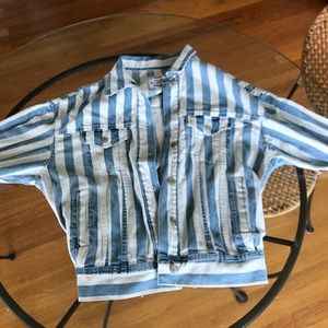 blue and white striped jean jacket